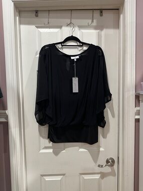 Jennifer Lopez Black Sheer Draped Batwing Blouse